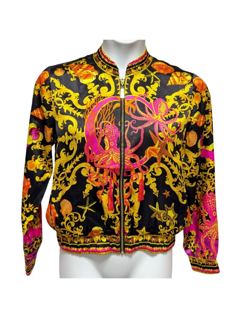 RARE CAMILLA Octopia Silk Bomber Jacket M Black Gold Pink Octopus Shell Print